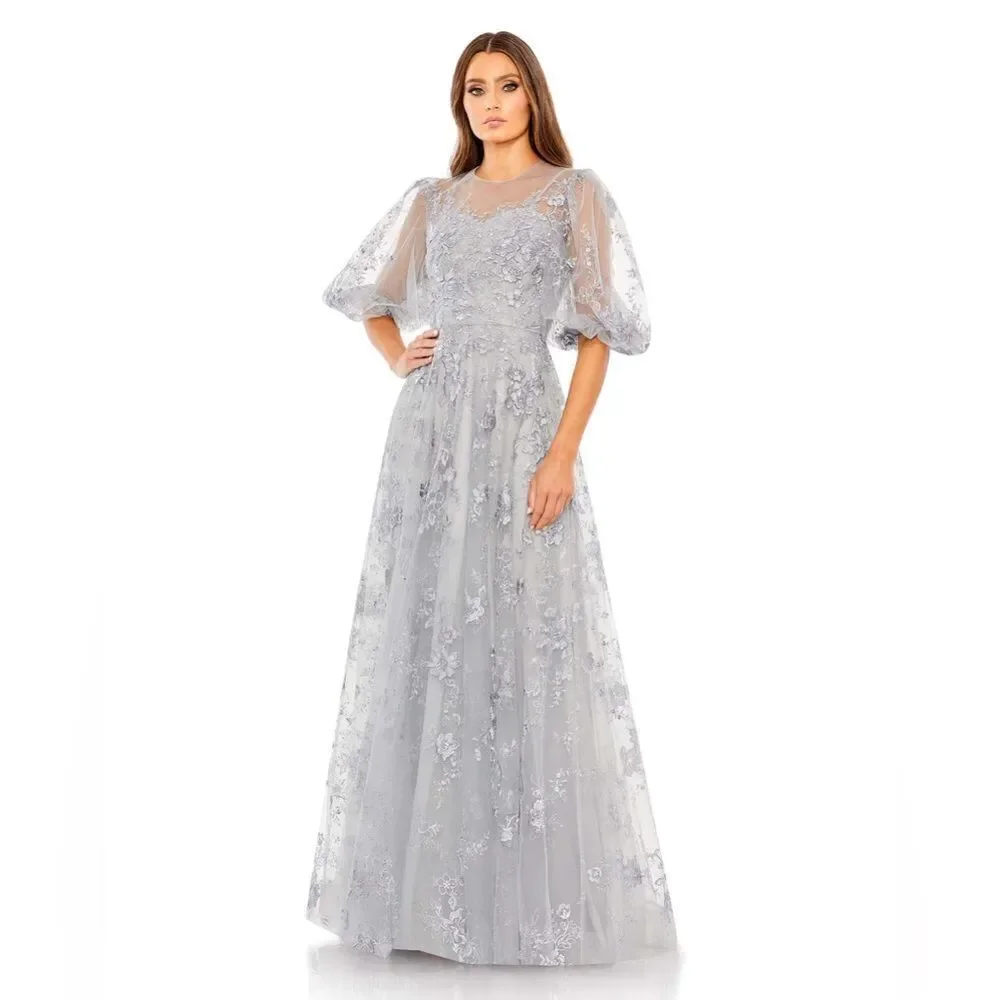 Mac Duggal Floral Embroidered‎ Gown Dress Womens 8 Silver Illusion Line Bridal